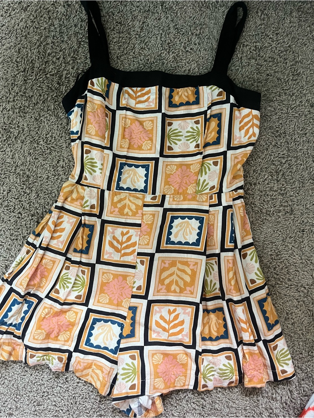 Sleeveless Square-Print Summer Romper in Mustard & Black